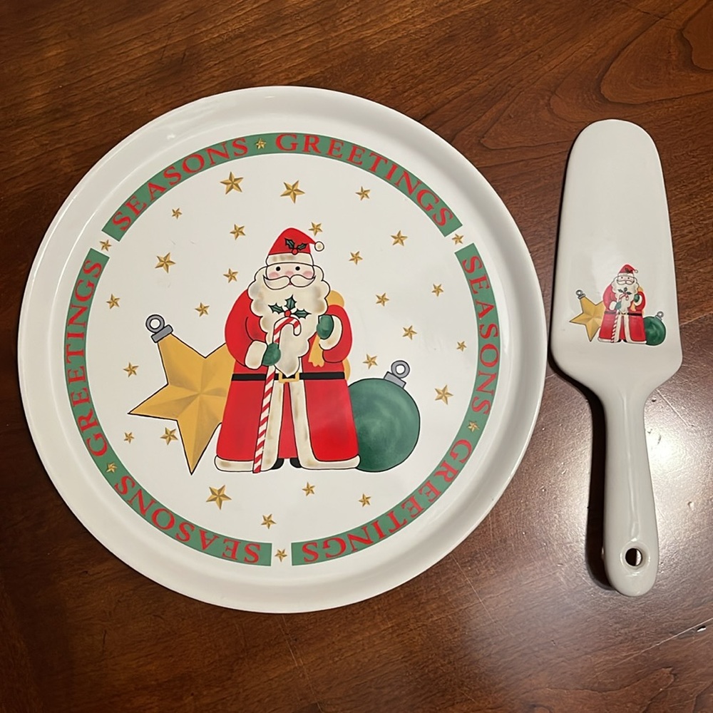 Vintage Signature Seasons‎ Greetings Santa Cake / Dish with Serving Knife